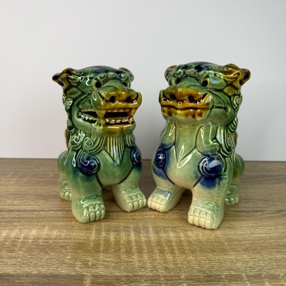 Mid Century Chinese Foo Dogs Set Glazed Ceramic Figurines